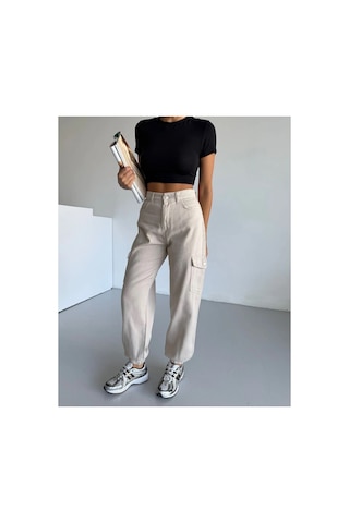 Kene Jeans Yüksek Bel Taş Paça Lastik Kargo Cepketen Mom Pantolon Taş