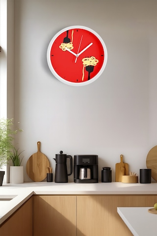 Spagetti Makarna Tasarım Mutfak Duvar Saati - 42cm - Önü Camlı Beyaz Kasa - Sessiz Mekanizma Beyaz