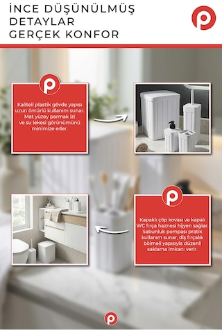Trend Fitil Desen 4 Parça Banyo Düzenleyici - Estetik ve Dayanıklı Banyo Seti Beyaz