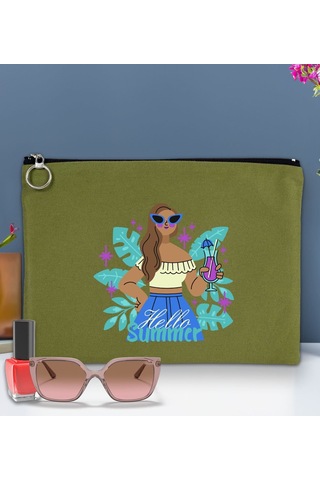 Bk Gift Yaz Temalı-3 Astarlı Yeşil Portföy Çanta 30x21cm, Baskılı El Çantası, Organizer Çanta