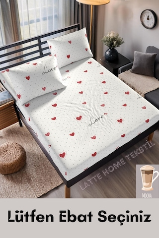 Mocha Love & Kalp Desenli Pamuklu Kumaş Lastikli Çarşaf Takımı Beyaz - Kırmızı