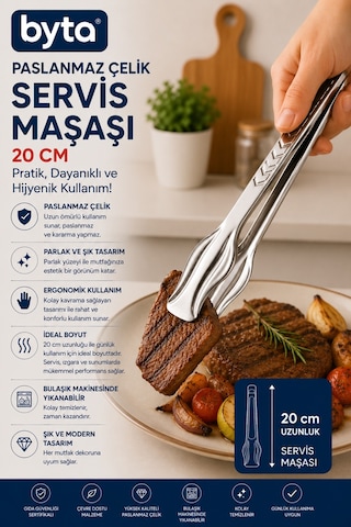 Paslanmaz Çelik Servis Maşası 20 Cm Ergonomik Mutfak Ve Izgara Maşası Gri