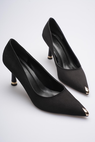 Esatsani Siyah Süet Sivri Burun 8 Cm Topuklu Gold Burunluk Detaylı More Stiletto Kadın Ayakkabı Siyah Süet