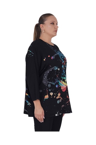 Kadın Büyük Beden Siyah Salaş Oversize Uzun Kollu Tunik Bluz