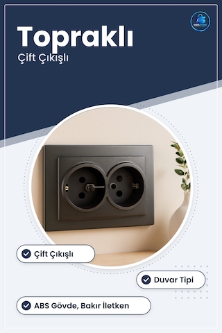 Siyah Topraklı Çift Çıkışlı Priz Duvar Tipi Ev Ofis Atölye Elektr