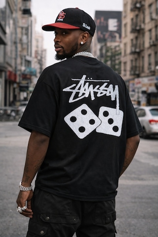 Unisex Stussy Zar Sırt Baskılı Oversize Kalın Kumaş Bol Kalıp Unisex T-shirt Siyah