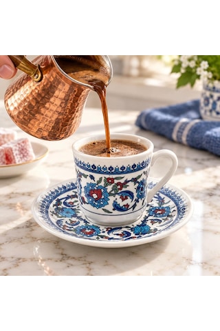 Porselen Türk Kahvesi Fincan Takımı, Geleneksel Çini Desenli El Boyaması Kahve Fincanı Seti, Tabaklı Fincan Takımı, Çeyizlik Ve Hediyelik Sunum Seti 6-lı, 6, 1 Çok Renkli
