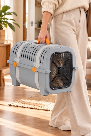 Porsima 0000 Premium Kedi Taşıma Çantası Ve Kafesi - Emniyet Kemer Yuvalı, Havalandırmalı Kedi & Küçük Irk Köpek Taşıma Kutusu Gri / Sarı