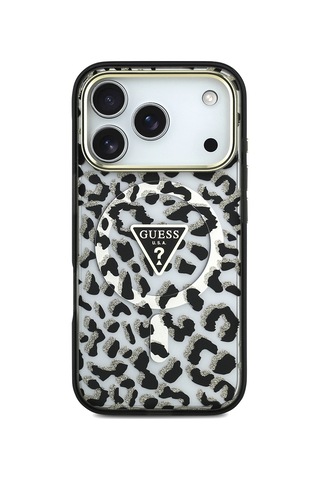 Apple iPhone Uyumlu 18 Pro Kılıf Guess Lisanslı M-safeli Üçgen Logolu Simli Leopar Desenli Kapak Siyah
