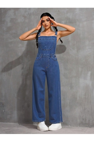 Shevega Kadın Mavi Kanguru Cep Bol Paça Kot Bahçevan Tulum Mavi