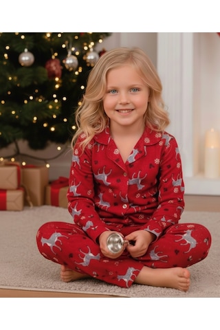 Kız Çocuk Yılbaşı Yeniyıl Temalı Pazen Pijama Takımı Kapı-8255 Kırmızı