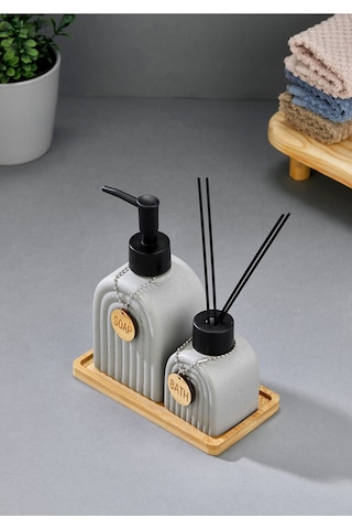 Cooker 2'li 320 Ml Seramik Bambu Standlı Banyo Seti Ckr3885 Gri