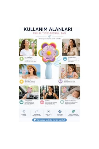 Mini El Fanı Usb Şarjlı Type-c Bağlantılı 3 Kademeli Taşınabilir Elektrikli Fan Masaüstü Ve El Tipi Kullanım Renk Serinletici Fan Mavi Pembe Sarı Papatya . 14796327