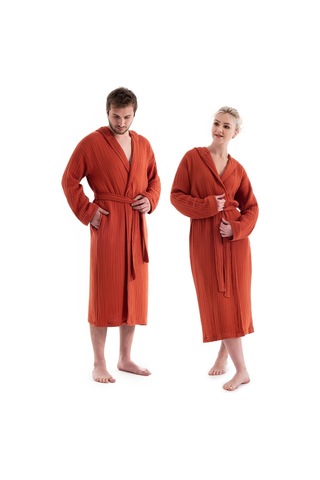 Unisex Kapşonlu 4 Kat Müslin Bornoz - Kiremit