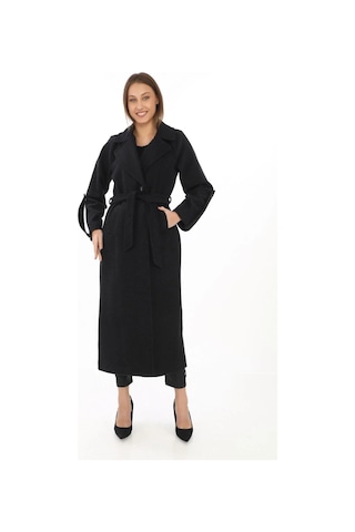 Kadın Uzun Kaşe Kaban Yünlü Dokuma Kaşmir Kumaş, Kruvaze Yaka, Kuşaklı Astarlı Tesettür Uyumlu Şık Siyah