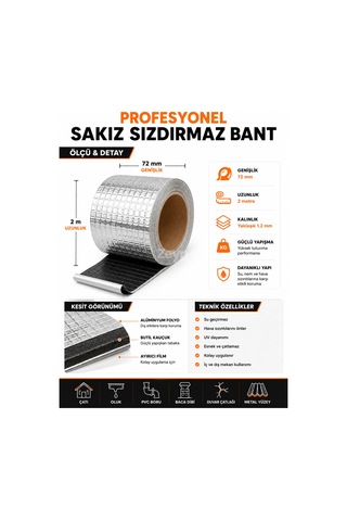 72 Mm X 2 Metre Sakız Sızdırmaz Bant Butil Alüminyum İzolasyon Bandı Su, Nem Ve Hava Sızıntı Tamir Bandı