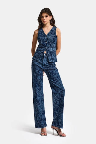 it's basic Kadın Mavi 1s6-7 Straight Fit Çiçek Desenli Parlak Taşlı Tasarım Elastan Denim Jean