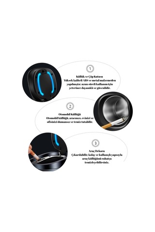Araç İçi Küllük Işıklı Kapaklı Yanmaz Koku Geçirmez Multi Fonksiyon Üniversal Siyah Glz03504051