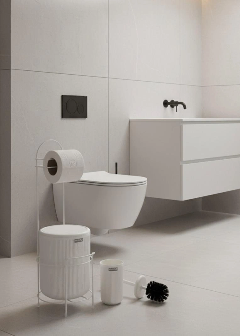 Okyanus Home Beyaz Stantlı Wc Kağıtlık Lineayuvarlak Çöp Kovası Ve Wc Fırça Seti Beyaz