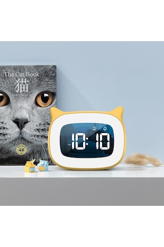 Valkyrie Çok Şirin Kedi Masaüstü Saat Şarjlı Led Işıklı Sevimli Saat Sarı