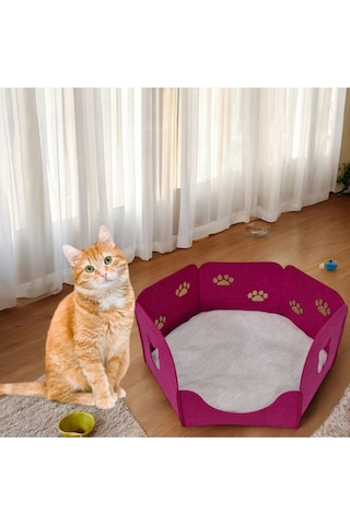 Kedi Yatağı Yuvası Evi Minderli Taşınabilir 3 Mm Keçe Altıgen Tasarım Yuva+minder Fuşya