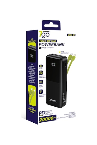 7go Gpw-07 20000mah Pd22.5w Hızlı Şarj Powerbank Siyah Dahili Type-c & Lightning Kablo Dijital E Siyah