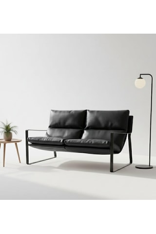 Sller Modern İkili Koltuk - Loft Tasarım Deri/kumaş Bahçe Ve Balkon Kanepesi - Metal İskeletli 130 Cm Siyah