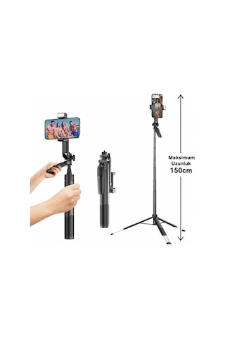 150 Cm Selfie Çubuğu Tripod, Led Işıklı, Bluetooth Uzaktan Kumandalı, 360 Dönebilen Telefon Tutucu, Katlanabili Diğer