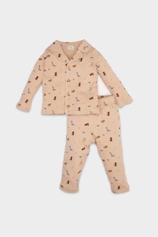 DeFacto Erkek Bebek Pijama Takımı Dinazor Desenli Uzun Kollu Penye Üst Beli Lastikli Uzun Alt D6811A5NSBG390 Bej