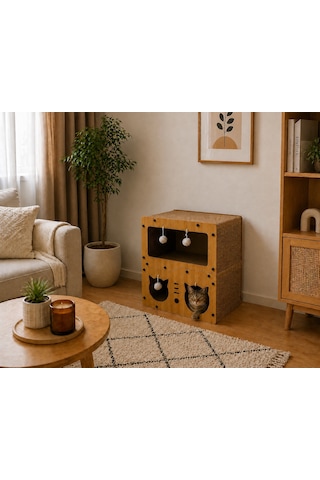 Pureza Ahşap Kedi Evi & Karton Tırmalama Alanı
