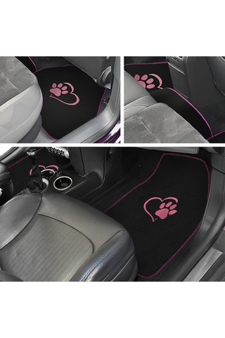 Sevgili Köpek Pati Desenli Pembe Nakışlı Araç Halı Paspas Seti Şık Ve Sevimli Oto Paspas Aksesuar