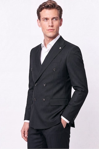 Efor Slim Fit Çift Yırtmaç Esnek Silik Çizgili Siyah Kruvaze Takım Elbise Tk 946