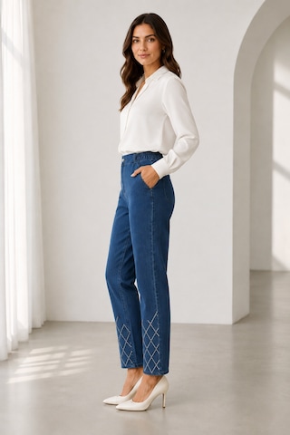 Bihan Store Kadın Paçası Işıltılı Nakış Detaylı Yüksek Bel Denim Pantolon Y26-1505-mavi
