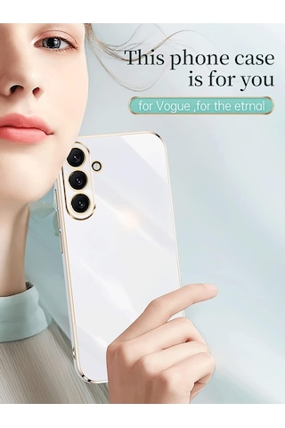 Samsung Galaxy S25 Fe Uyumlu Kılıf Kenarları Parlak Altın Renkli Kamera Korumalı Soft Tasarım Kılıf Beyaz