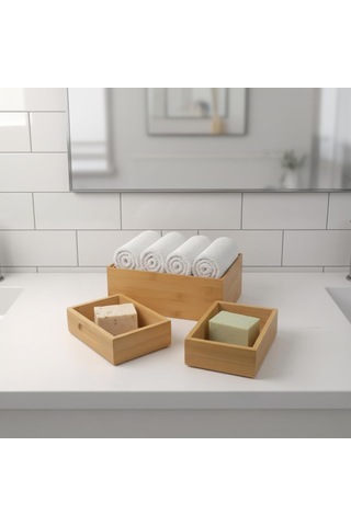 3'lü Modüler Bambu Organizer Set - Üst Üste Geçebilen Çok Amaçlı Çekmece İçi Ve Masaüstü Düzenleyici Kutu Genel