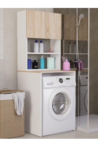 %100mdf Çamaşır Ve Kurutma Makinesi Dolabı, 3 Raflı Kapaklı Çamaşır Makinesi Üstü Dolabı Sonoma-beyaz Sonoma - Beyaz