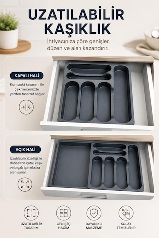 Uzayabilen Ayarlanabilir Pratik Çekmece İçi Kaşıklık-çatal Kaşık Bıçak Düzenleyici Siyah