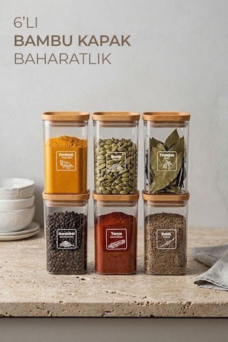 6'lı Bambu Görünümlü Etiketli Sızdırmaz Kapaklı Baharatlık Seti 350 Ml Diğer
