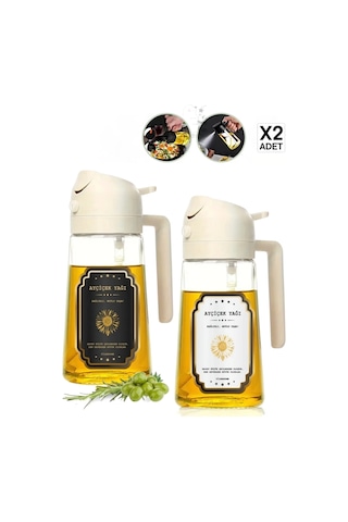 Madamev 2 Adet Çift Fonksiyonlu Sprey Cam Yağdanlık 450ml Zeytinyağı Sıvıyağ Şişe Etiketli Airfryer Beyaz