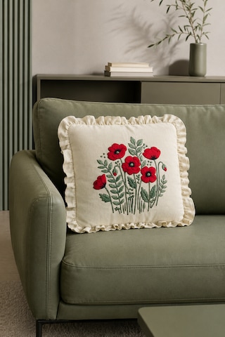 Fırfırlı Gelincik Desenli Dekoratif Kırlent Kılıfı %100 Pamuk Organik Boya Baskılı 45x45 Cm Bej