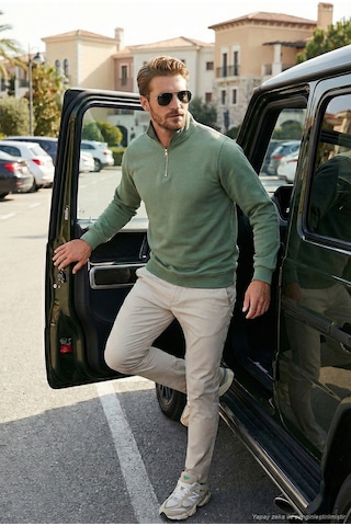 Buratti Pamuklu Regular Fit Yarım Fermuarlı Dik Yaka Erkek Sweat 59052592 Elma Yeşili