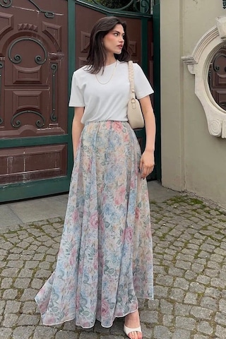 Madmext Ekru Çiçek Desenli Vintage Şifon Maxi Etek Mg2776