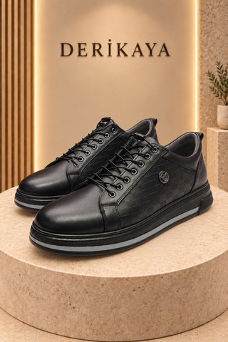 Deri Kaya Erkek Logo Detaylı Bağcıklı Günlük Sneaker Spor Ayakkabı Siyah