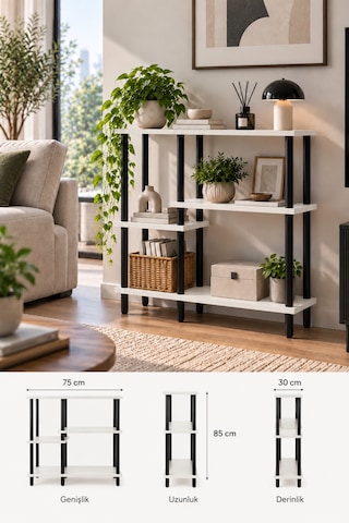 Modern 4 Raflı Kitaplık Salon Düzenleyici Metal Ayaklı Dekoratif Kitaplık Ve Çok Amaçlı Raf Ünitesi Beyaz