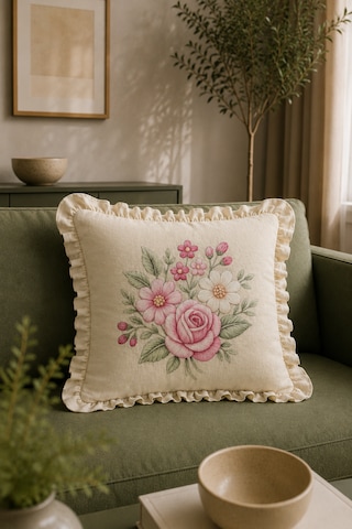 Fırfırlı Çiçek Desenli Dekoratif Kırlent Kılıfı %100 Pamuk Organik Boya Baskılı 45x45 Cm Bej