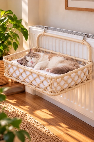 Reyo Tasaryum 48x35 Cm Kedi Köpek Kalorifer Yatağı, Radyatöre Asılan Kedi Hamağı, Puf Minderli El Yapımı Evcil Hayvan Yatağı Krem