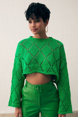 Sateen Ajurlu Crop Triko - Yeşil-132235 Yeşil
