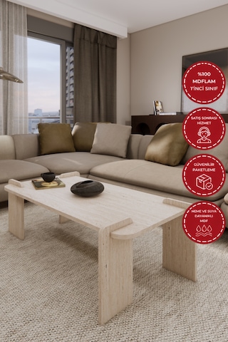 Odaco Fuji Modern Premium Oval Ayaklı %100 Mdflam Salon Orta Sehpa 120x60x40 Cm Traverten