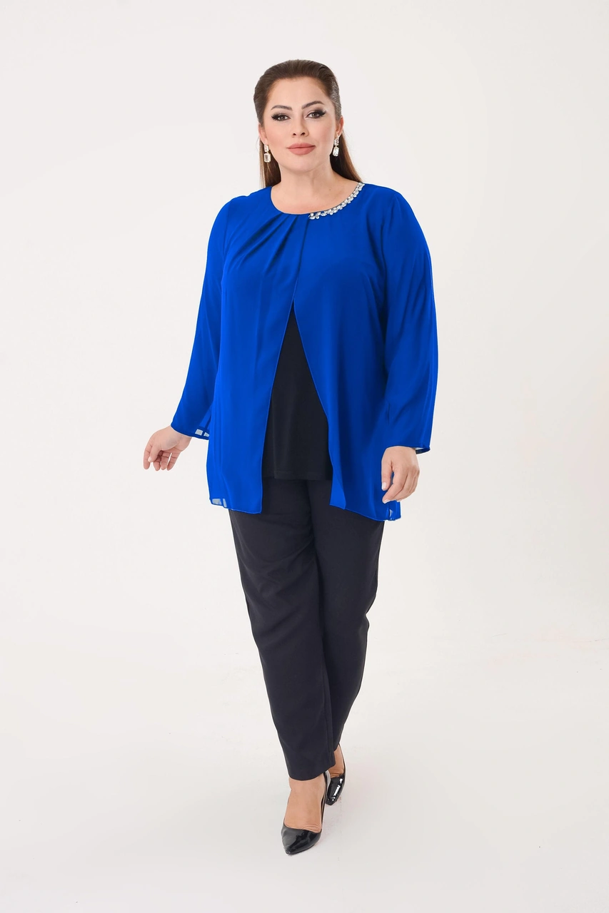 Lilas Xxl Büyük Beden Saks Renkli Şifon Bluz Saks Rengi