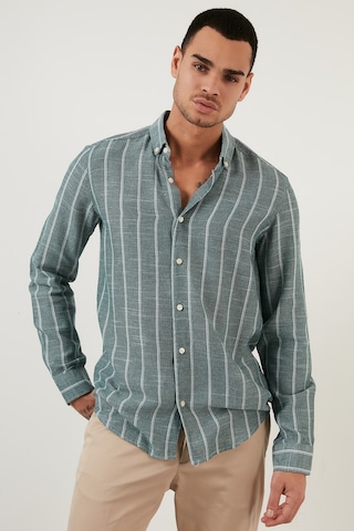 Buratti Pamuklu Çizgili Regular Fit Düğmeli Yaka Erkek Gömlek Cf21S112480 Haki-Beyaz